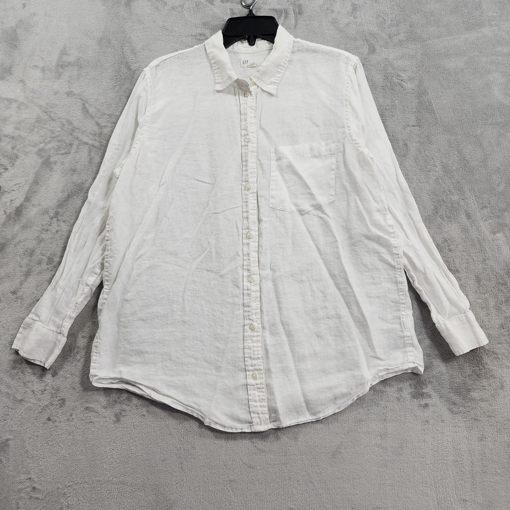 Gap Shirt Womens L White Linen Button Long Sleeve Boyfriend Collared Relaxed